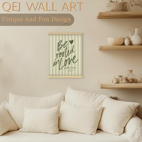 QEJ Sage Green Christian Wall Art Decor, Be Rooted in Love Bible Verse Canvas Poster Hanger Frame, Preppy Green Striped Religious Wall Decorations for Bedroom Home Decor, 12x16 Inch
