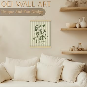 QEJ Sage Green Christian Wall Art Decor, Be Rooted in Love Bible Verse Canvas Poster Hanger Frame, Preppy Green Striped Religious Wall Decorations for Bedroom Home Decor, 12x16 Inch