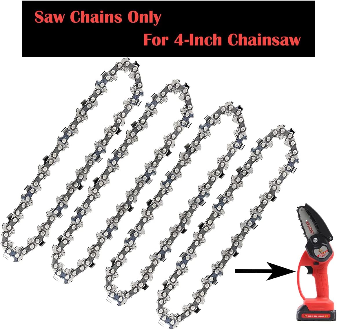Close-up image of two 4-inch mini chainsaw chains laid flat, with a measurement indicating 18 cm / 7 inches in length.