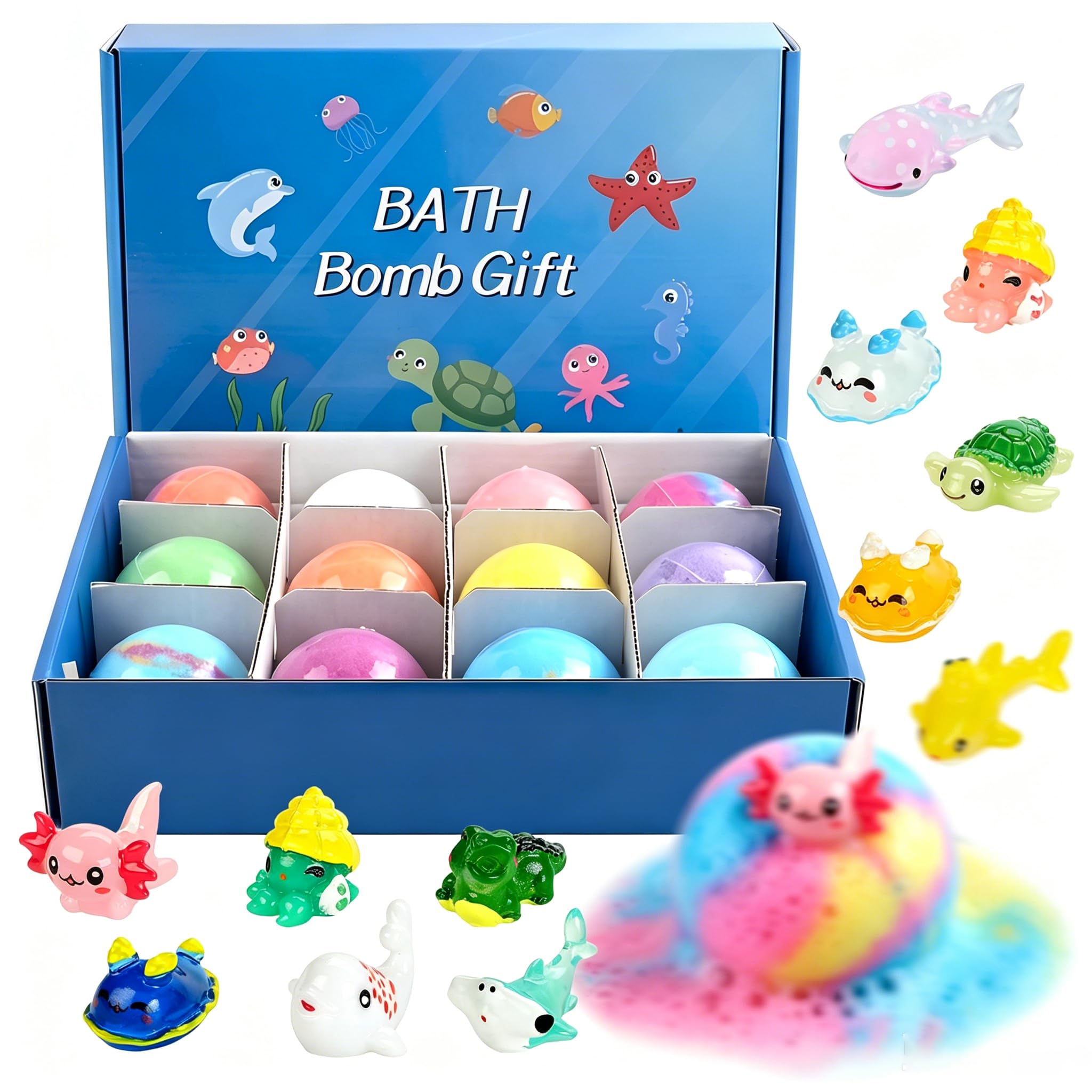 Bombe de Bain Enfant, 12 Pcs Ocean Bath Bombs for Kids, Nouve Boule de Bain Enfant avec Surprise Bombe de Bain Moussant avec Surprise Dedans, Cadeau d' anniversaire pour bébé et enfants de 4-10 ans