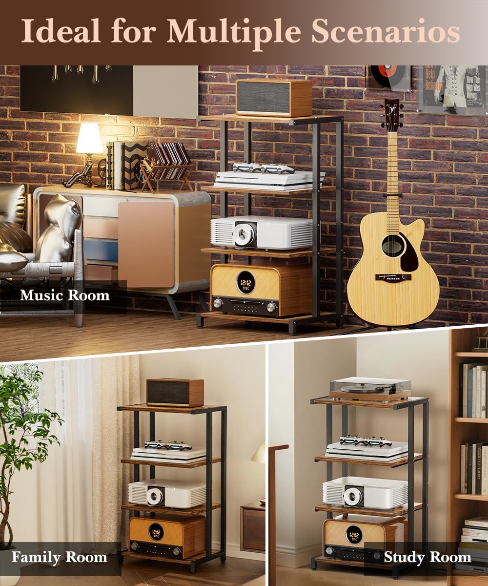 4-Tier Media Storage Stand, Audio Media Rack for Living Room, Gaming Room, Music Studio, Wooden Game Console Shelf for TV Accessories/Audiovisual Equipment/Optical Disc/PS4, Black