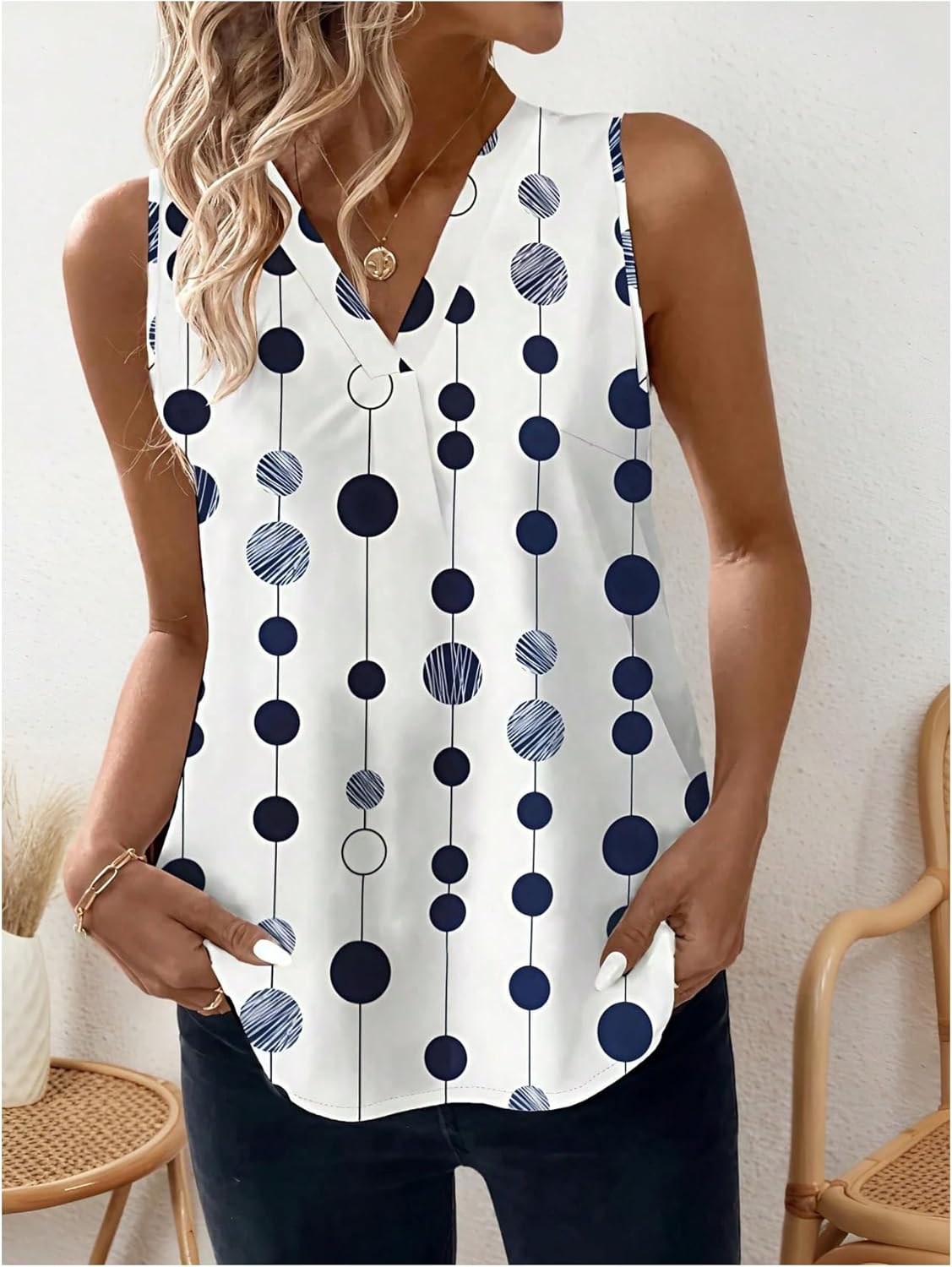 SOLY HUX Women's Summer Polka Dots Tank Top Elegant V Neck Sleeveless Work Office Tops - Image 4