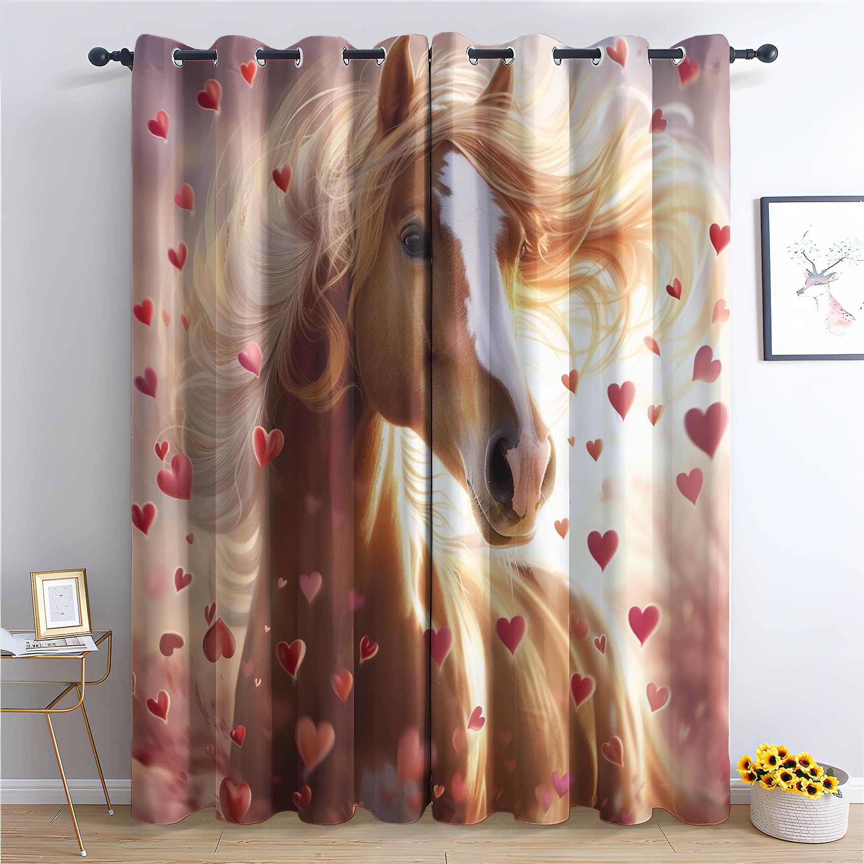 Horse Curtains 183cm Drop, Romantic Red Heart Horse Wild Animal Patterned Blackout Curtains for Bedroom, Living Room Decor, Soft Thermal Insulated Eyelet Drapes for Windows - 2 Panels