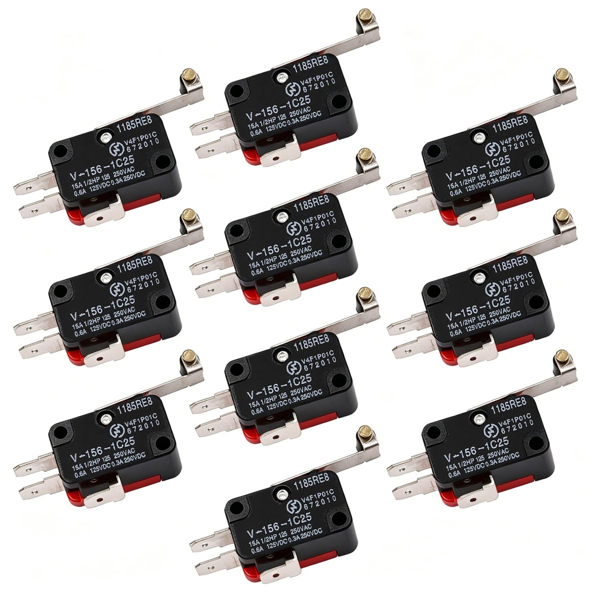 Gebildet 10pieces Micro Limit Switch V-156-1C25, Long Roll Hinge Lever Switch, Roller Lever Switch, Momentary SPDT Snap Action