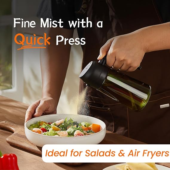 TrendPlain 470ml Olive Oil Spray Bottle - 2 in 1 Olive Oil Dispenser Bottle for Kitchen Accessories - Kitchen Gadgets, For Air Fryer - with Stickers, Light Blocking - Black