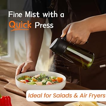 TrendPlain 470ml Olive Oil Spray Bottle - 2 in 1 Olive Oil Dispenser Bottle for Kitchen Accessories - Kitchen Gadgets, For Air Fryer - with Stickers, Light Blocking - Black