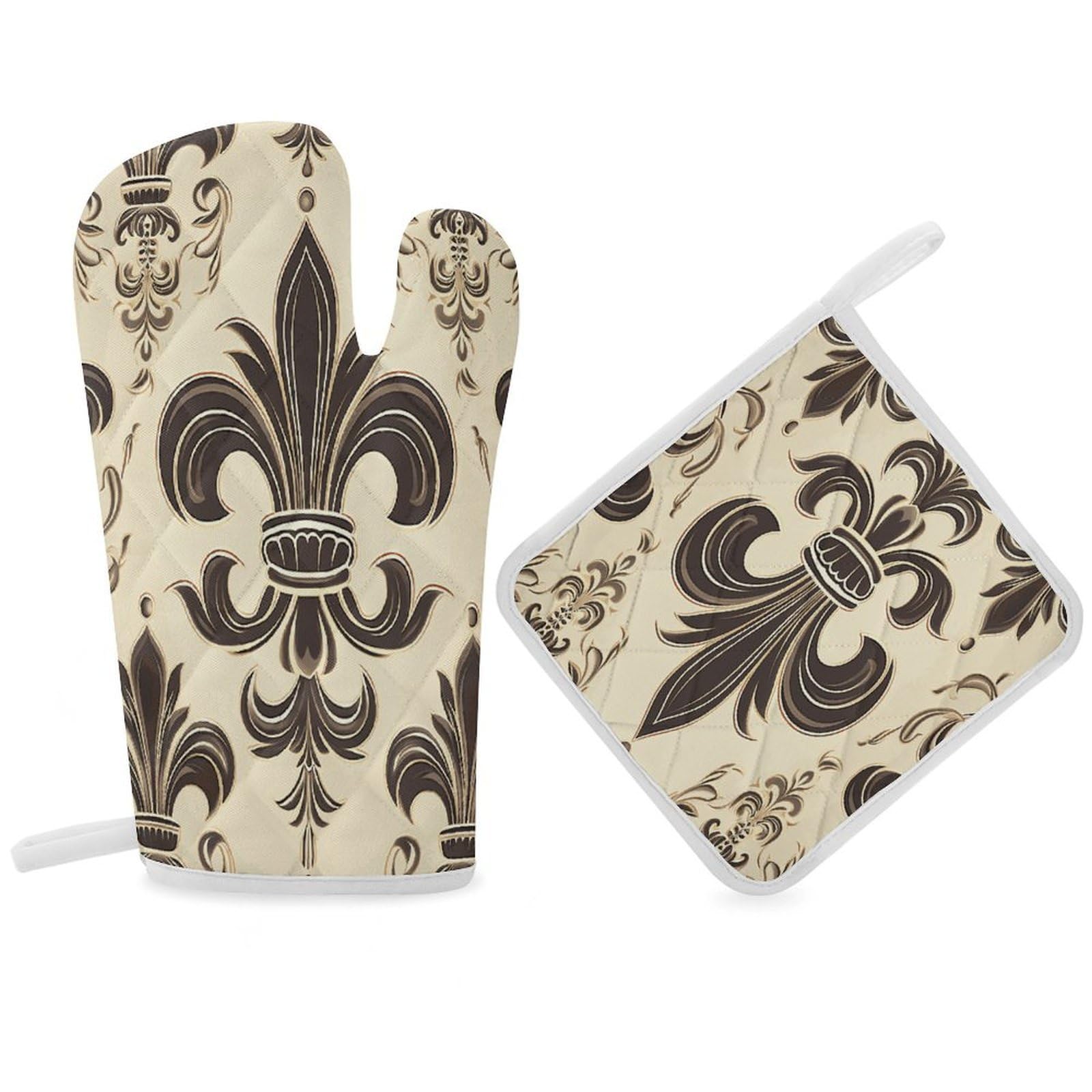 Fodpand Women's Style Fleur-De-Lis And Coat Arms Knight Oven Mitts And Pot Holders Sets,Oven Gloves For Kitchen Oven Mitts And Potholders For Baking Cooking Grilling Apartment Essentials