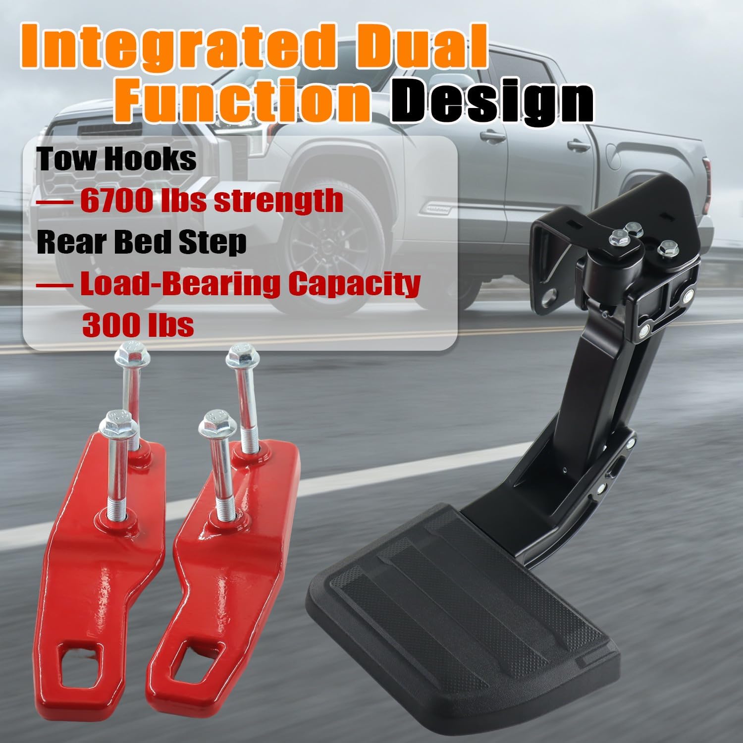 Rear Tow Hooks & Rear Bed Step Combo Kit Compatible with 2024 2025 2026 Toyota Tacoma, No More Choosing — Install Both Simultaneously, Forged Steel Hooks & Aluminum Folding Truck Step