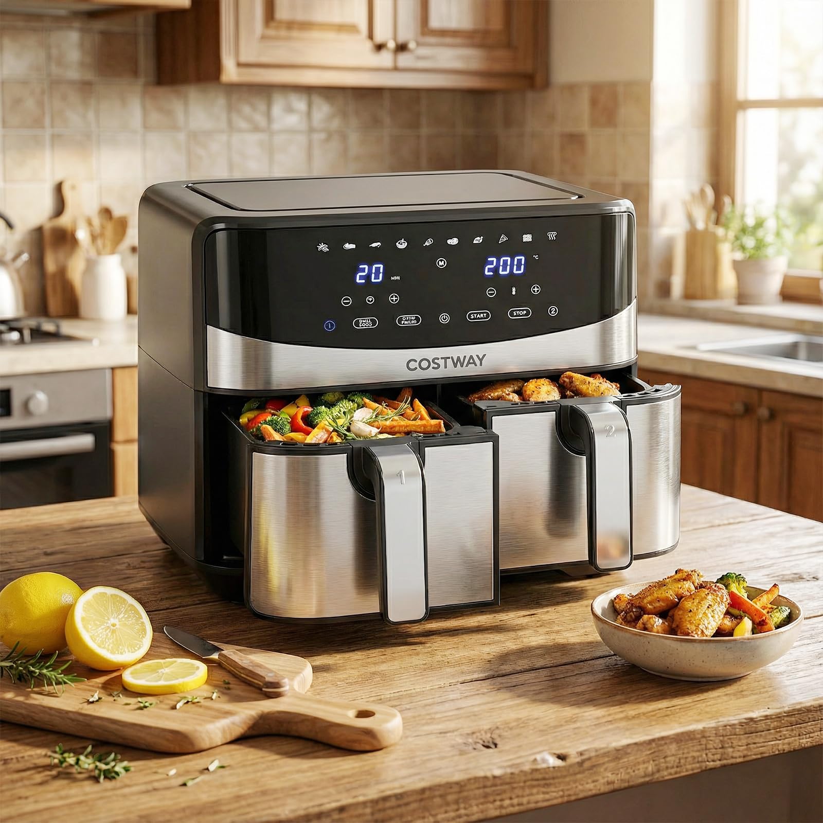 COSTWAY Frytkownica na gorące powietrze, 2 komory, 8,5 l z okienkiem, wykończenie Sync Cook & Match Finish, cyfrowy ekran dotykowy i gorące powietrze 360°, 2100 W, nadaje się do mycia w zmywarce