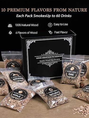Miniatura 2 de Wiskey - Kit de chips de ahumador, 10 sabores para ahumador de cóctel, virutas de madera, canela, jengibre, manzana, haya, pera, cerezo, roble