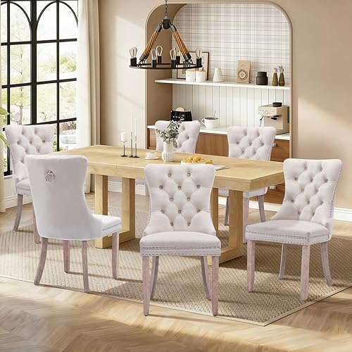 Miniatura 73 de Juego de 6 sillas de comedor de cuero, sillas laterales con respaldo alto, silla lateral tapizada moderna con anillo trasero de botón, patas de negro