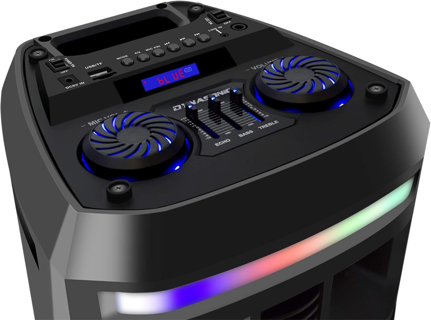 Close-up view of the DYNASONIC DY-65201 speaker's top control panel
