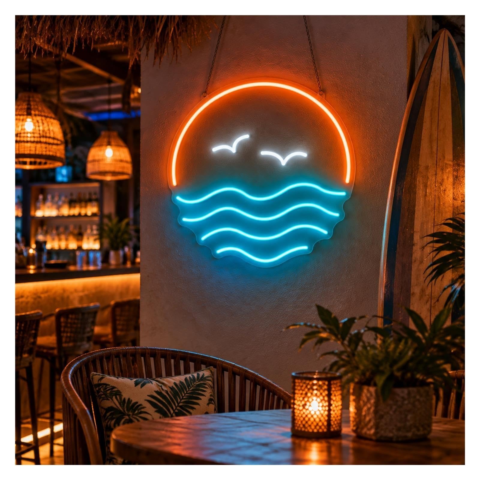 Insegna al Neon Insegna Al Neon Dei Gabbiani Dell'oceano Di Tramonto