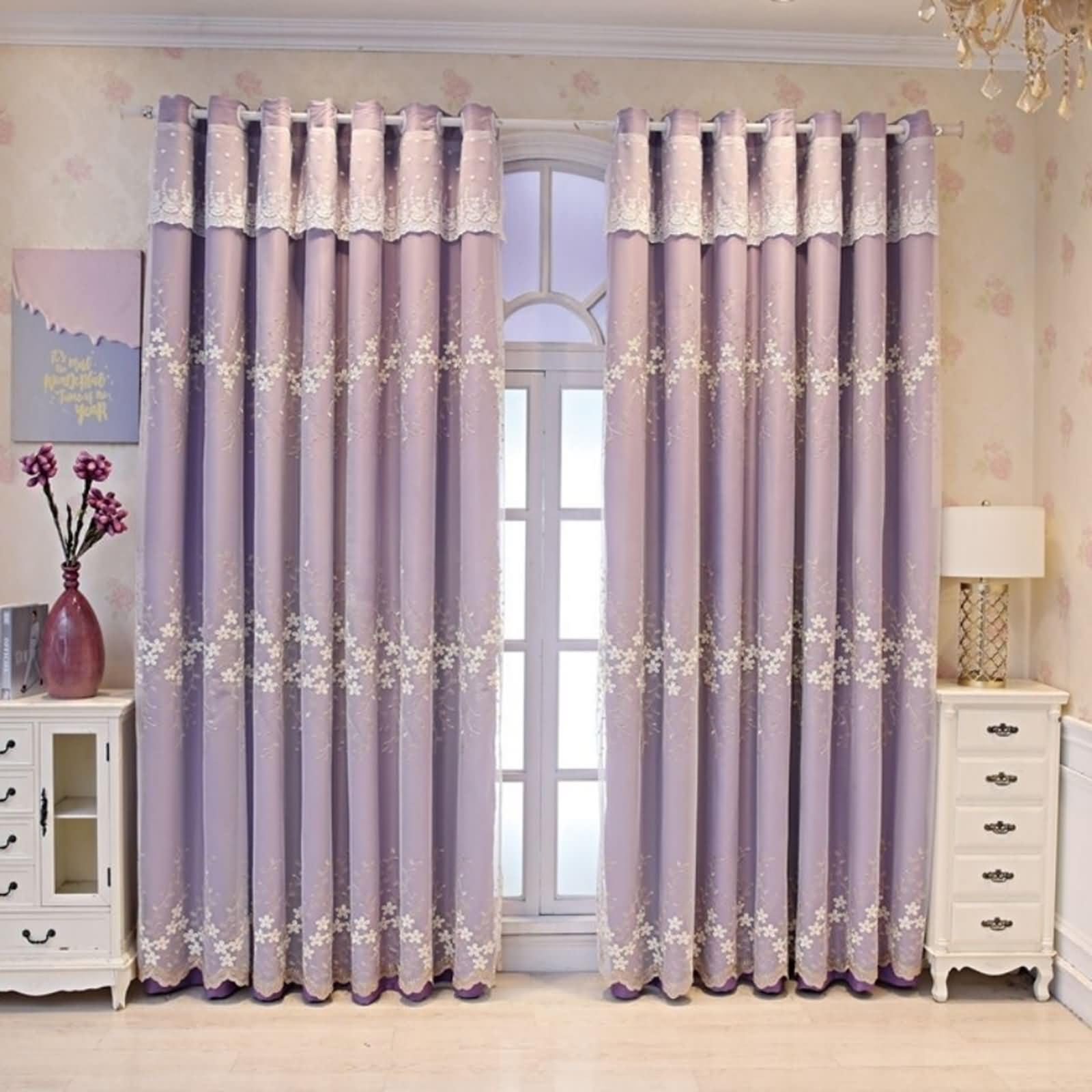 Rideaux ultra occultants violet double couche grande largeur 350x270cm avec broderie
