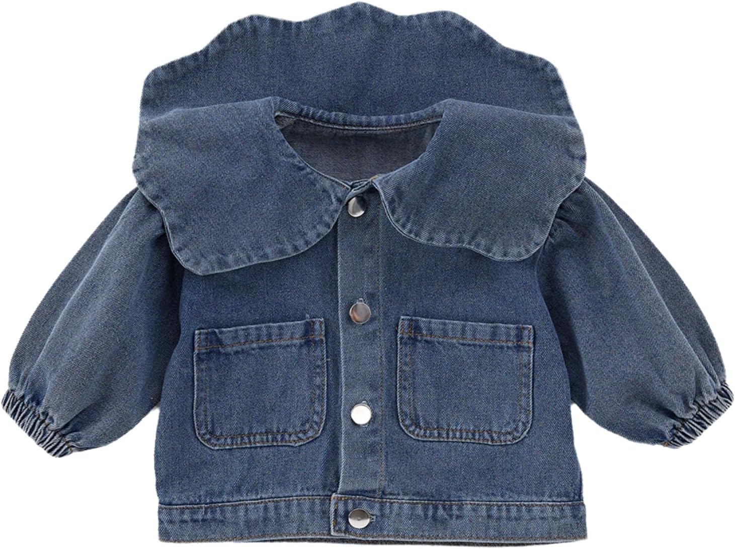 Baby Girls Denim Jacket with Peter Pan Collar - Long Puff Sleeves, Snap Button Closure, Loose Soft Tunic