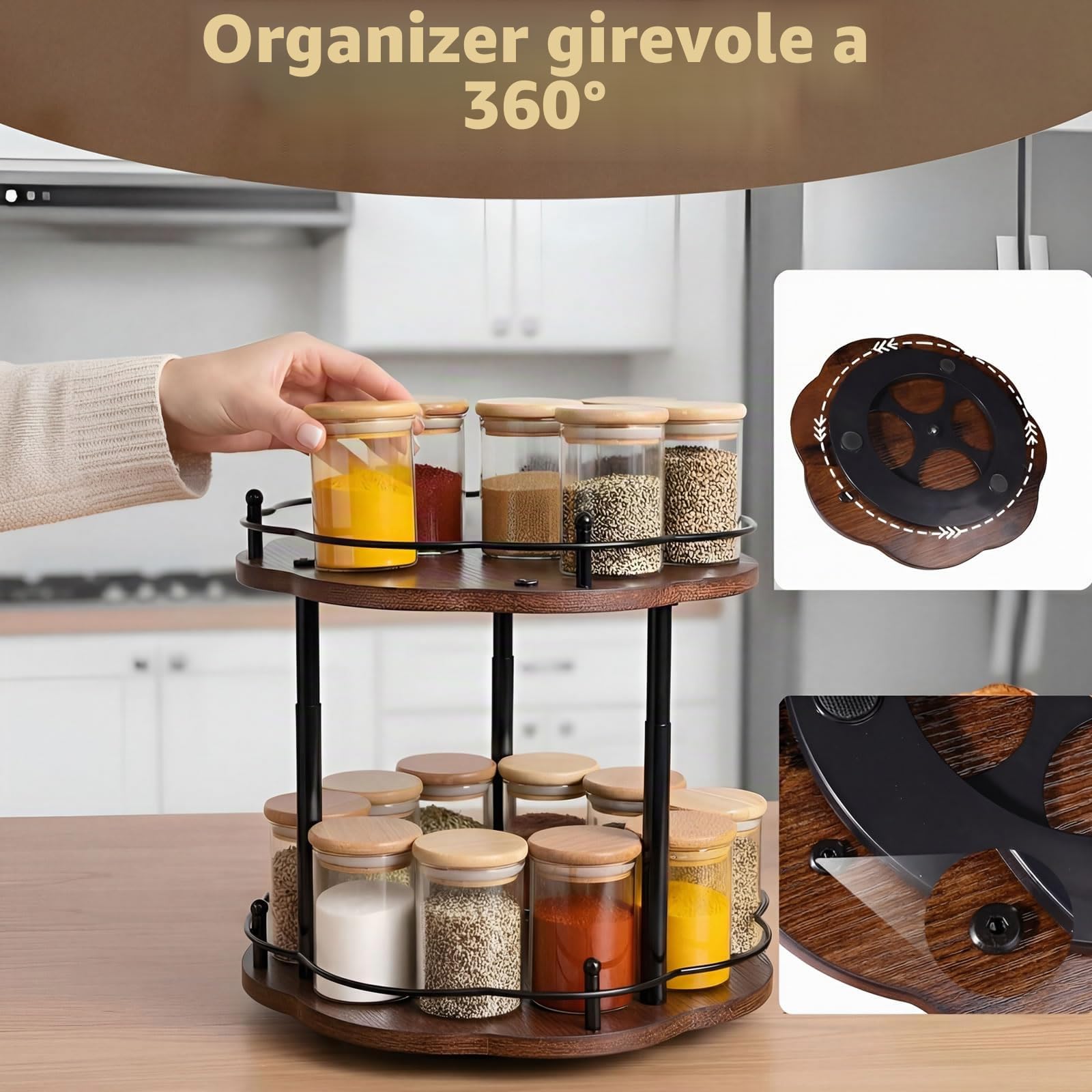 Lazy Susan Portaspezie a 2 ripiani, regolabile in altezza, girevole, per armadio, cucina, piano di lavoro, dispensa, in legno, compatto, 30,5 cm