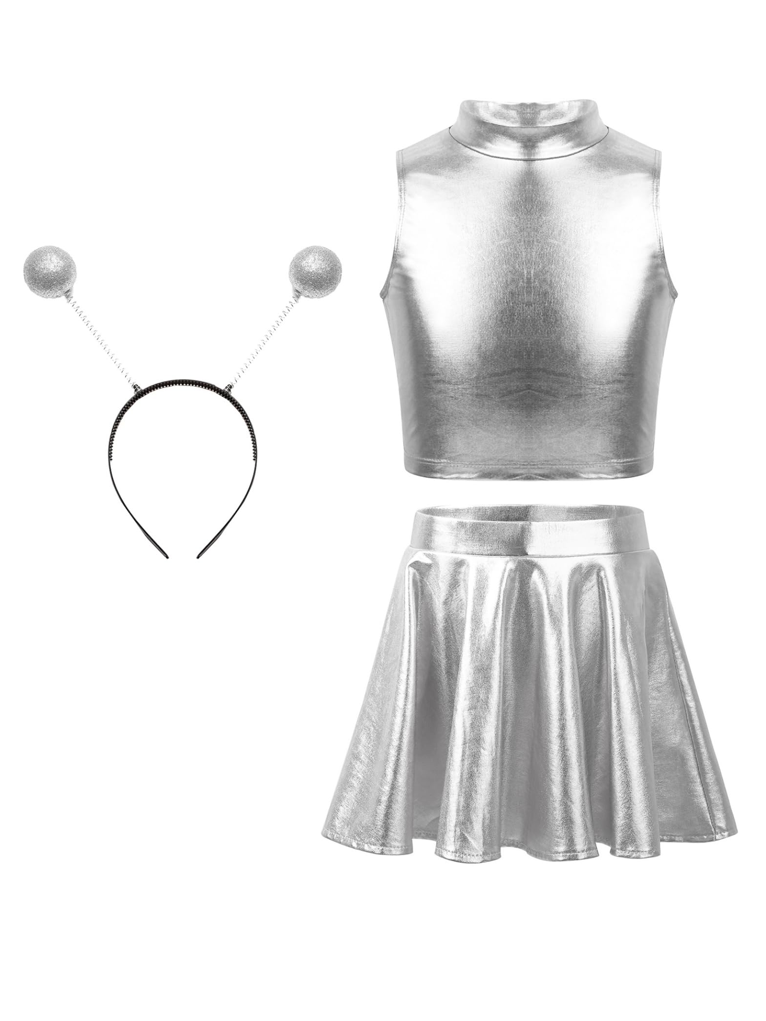 Rswnyirn Kids Girls Astronauts Alien Role Play Outfit Metallic Tank Top with Mini Skirts Headwear Set Silver 5-6 Years