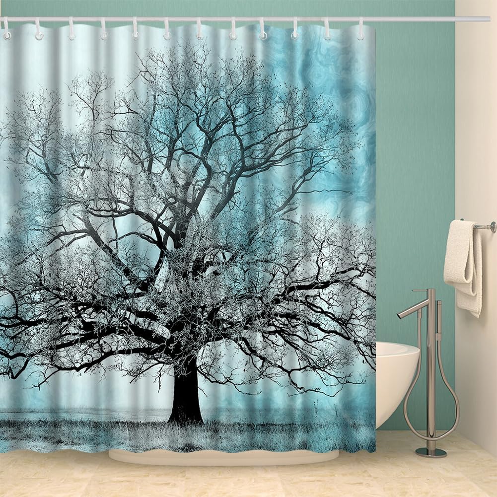 Turquoise Shower Curtain Tree Silhouette Waterproof Bathroom Fabric Shower Curtains Bathroom Decor with Hooks 72x72inch