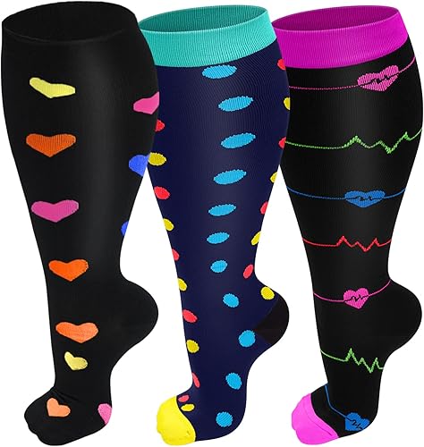 Refeel Paquete de 3 calcetines de compresión de talla grande para mujeres y hombres, medias de gran tamaño hasta la rodilla de soporte médico