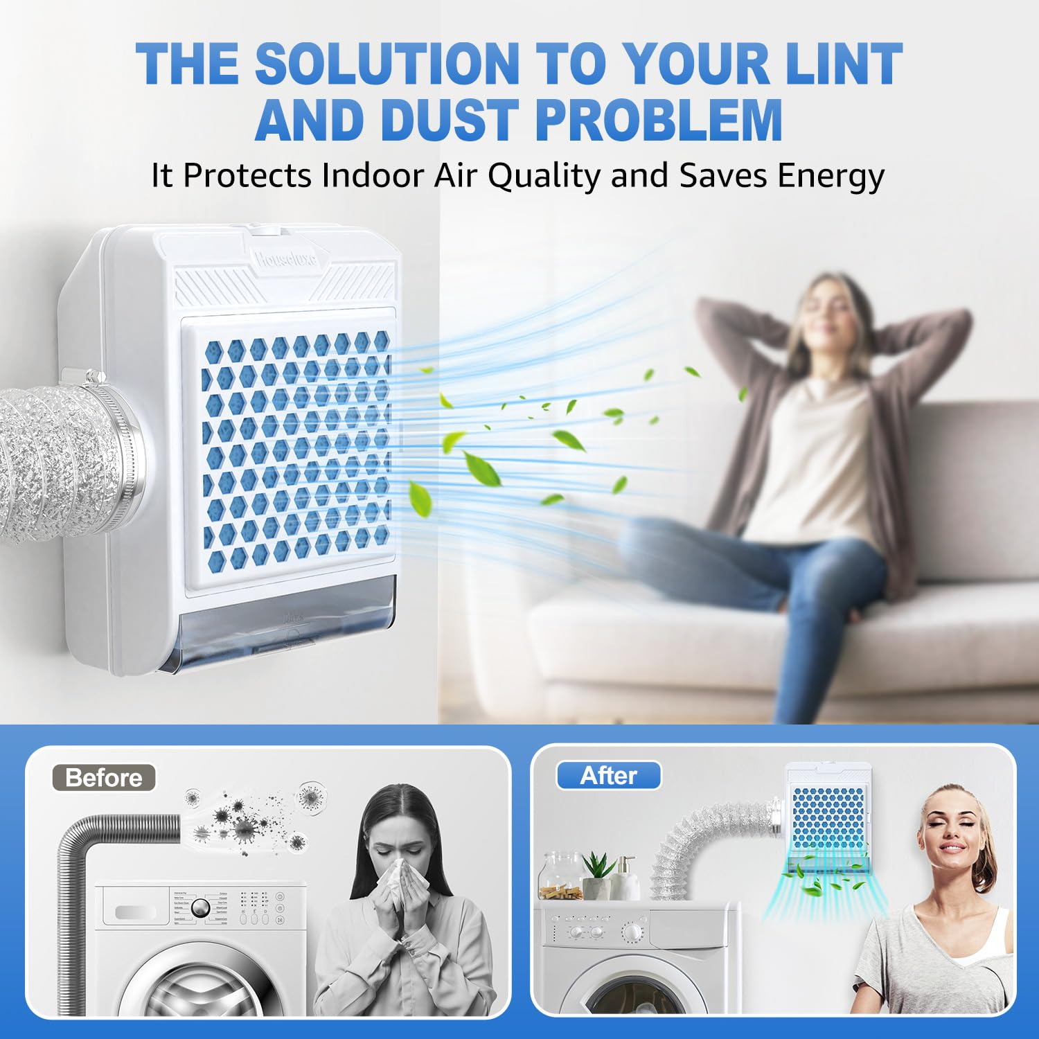 Kit de ventilación 3 en 1 para secadora de interior, pantalla de acero inoxidable, 5 filtros de poliéster y sistema de cajón de agua, solapa de ventilación de seguridad mejorada, para