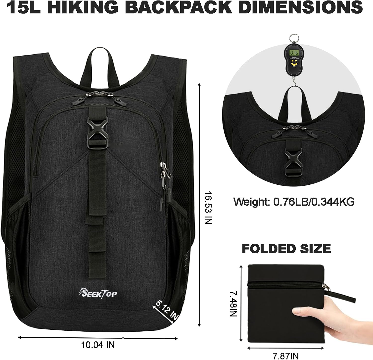 Seektop 15L Small Hiking Backpack for Women Men, Lightweight Hiking Packable Daypack with Phone Pocket for Travel Camping (Black, 15L) - Image 4