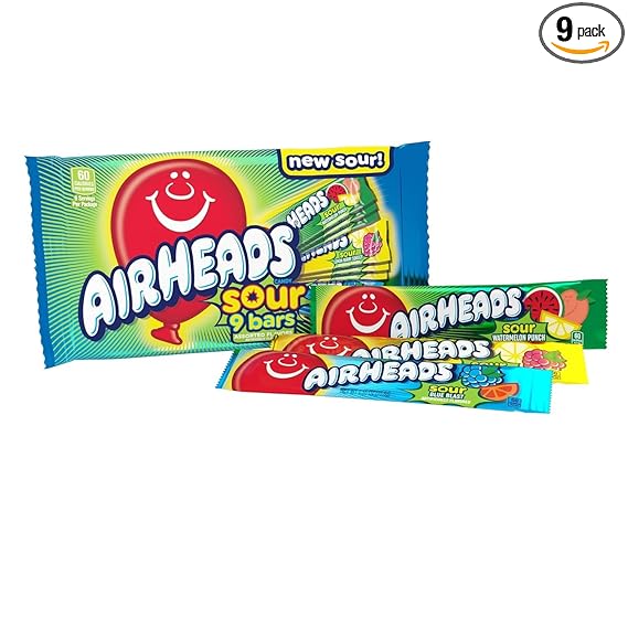 Airheads Sour Full-Size Candy Bars, Taffy Candy Assorted Bag, Individually Wrapped Candy, Three Assorted Flavors, 9 Count Bag
