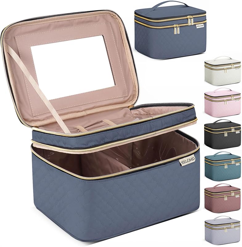 Necessaire de maquiagem HXLGMD com espelho, compartimento duplo e divisória para pincéis, Azul Aegean Blue