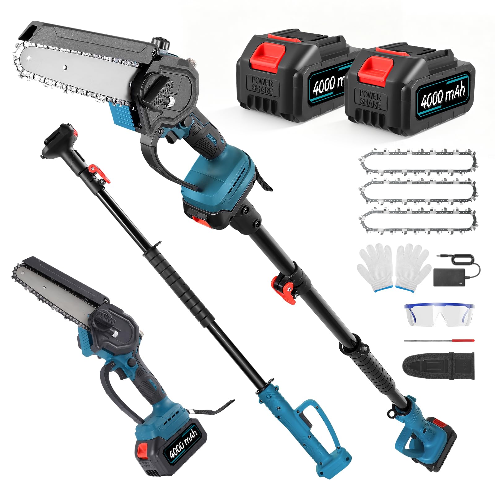 2 in 1 Motosierra Bateria con Pertiga, 950W Motosierra Electrica 31.000 RPM, Mini Motosierra Bateria con Pertiga Telescopica (1,5-2,1m), 2x 4,0Ah Baterias, 144 min, Lubricacion Auto