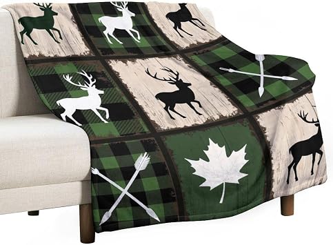 Patchwork Deer Arrow Leaf Wood Super Soft Throw Blanket, Retro Checkered Pattern Green Flannel Fleece Decorative Throw for Sofa Couch Bedroom Decor Outdoor Use 50"x60"
