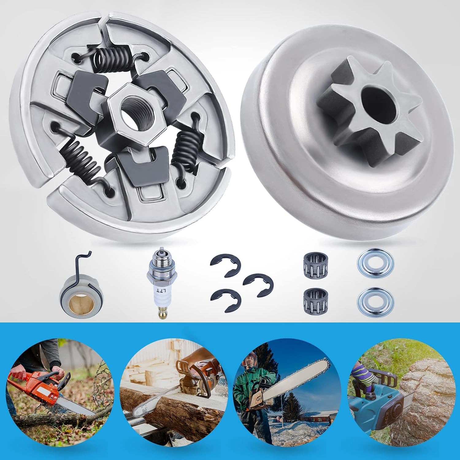 Adefol Sprocket Clutch Drum 3/8" 7T Needle Bearing Kit for Stihl MS290 MS390 029 039 MS310 Chainsaw Replacement Parts with Worm Gear Washer E-Clip Spark Plug for 11296402000