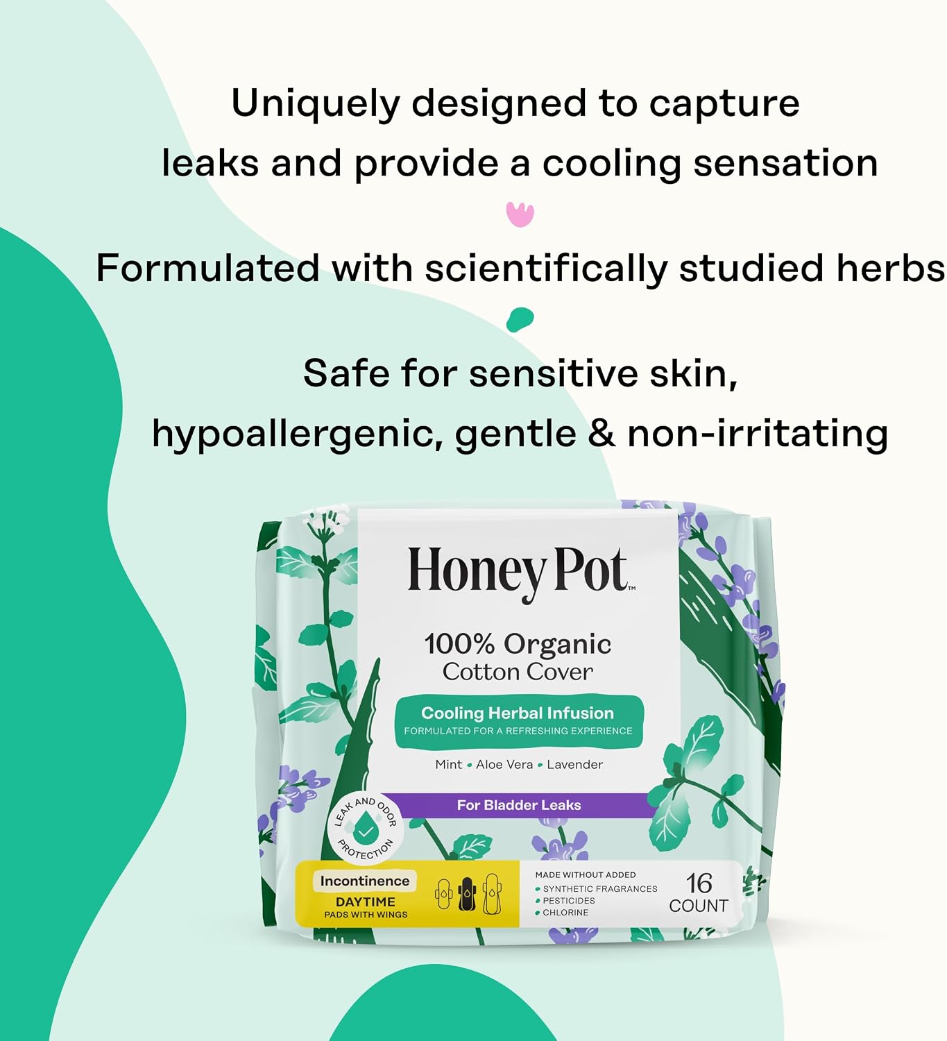 The Honey Pot Company - 64ct - Herbal Pads for Women - Organic Incontinence Daytime w/Wings. Infused w/Essential Oils for Cooling Effect & Postpartum Essentials - Feminine Care