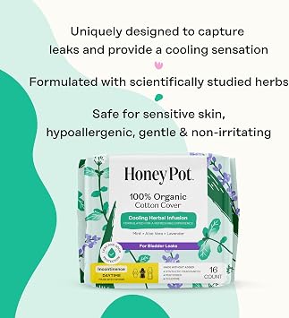 The Honey Pot Company - Cooling - Daytime - Incontinence Pads for Women | Cooling Effect - Infused w/Mint, Aloe, Lavender - Organic Cotton Cover - Bladder Leak Control - Feminine Care - 16ct