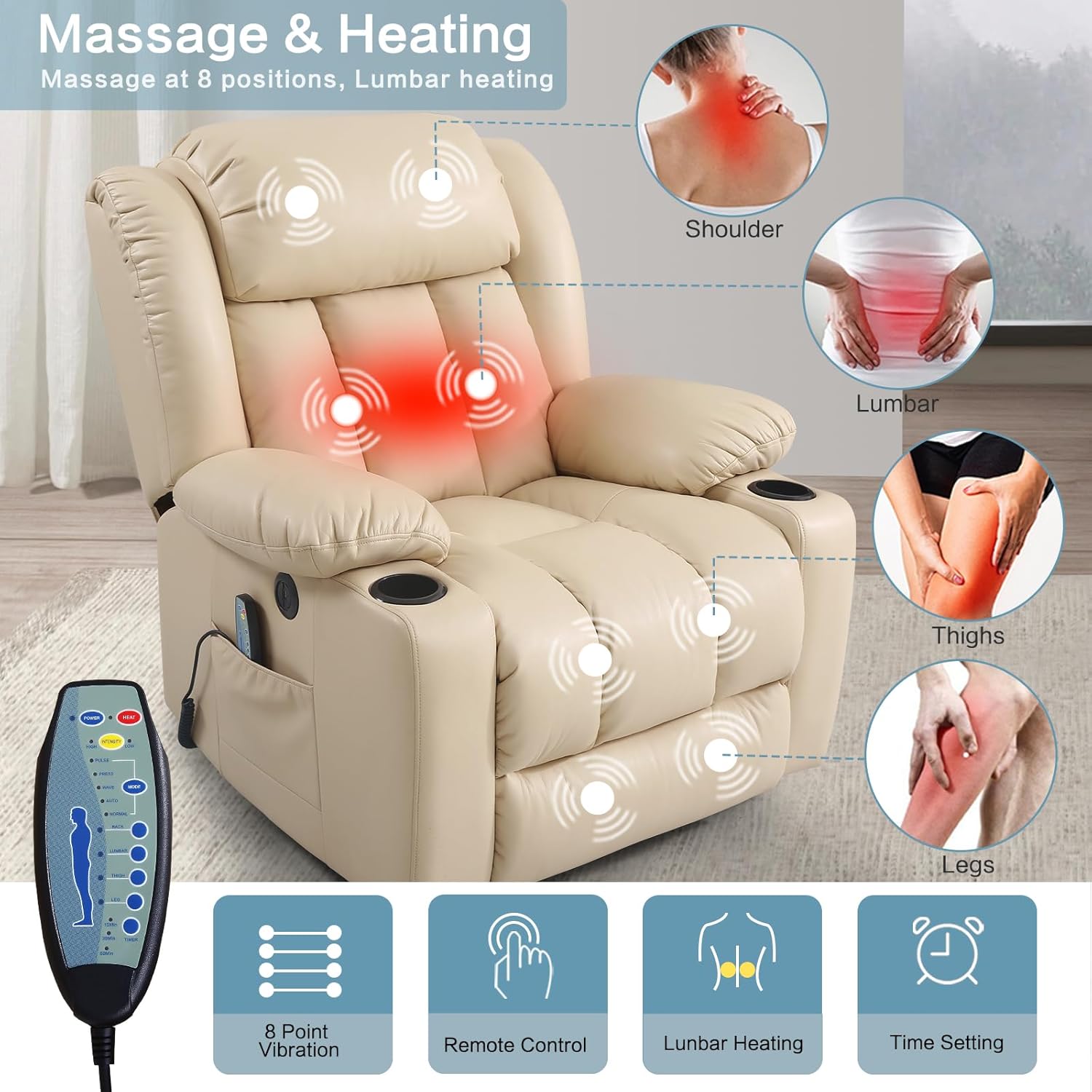 PARKOL Power Lift Recliner Chair for Elderly Breathable Leather Recliner Chair with Massage and Heat,2 Cup Holders,Electric Stand Assist,USB Ports,Gifts for Family (Beige)