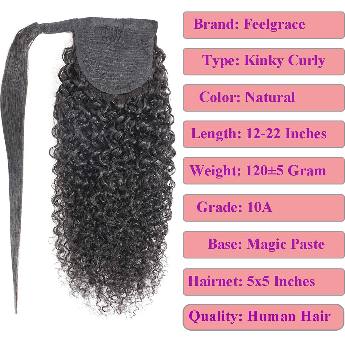 Feelgrace Wrap Around Kinky Curly Ponytail Hairpiece, Natural Black Brazilian Hair Ponytail Extension, Long Ponytail Extensions for Black Women, 10A Afro Curly Ponytail Extension 12 Inch