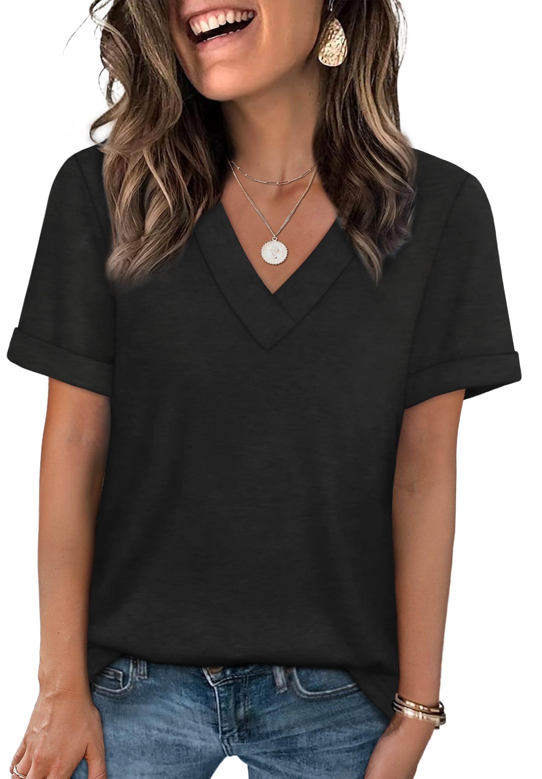 WIHOLL Womens Summer Tops Basic V Neck T Shirts Casual Short Sleeve Trendy Fashion 2026