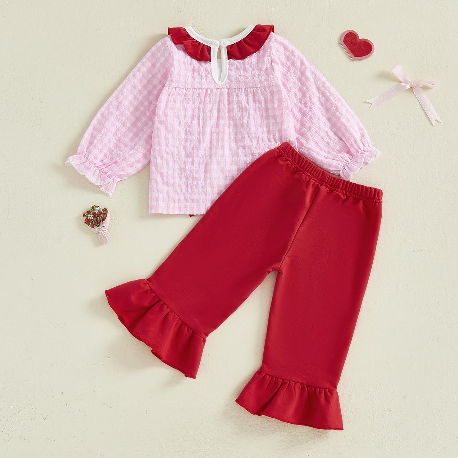VISGOGO Toddler Girl Valentines Day Outfit Love Heart Embroidery Sweatshirt Shirt Pants Plaid Bow Heart Clothes - Image 7