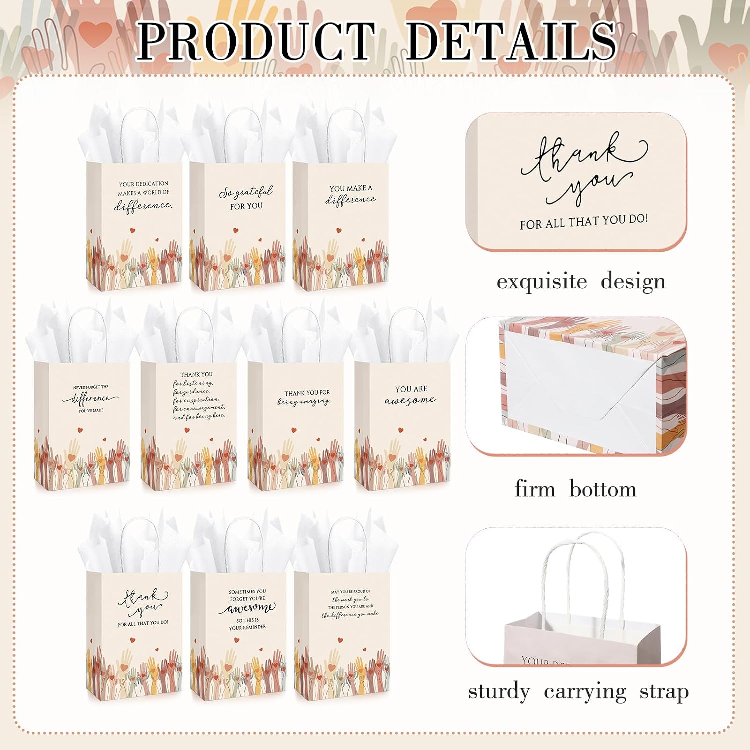 Marspark 30 Sets Volunteer Appreciation Gifts Bulk Volunteer Gift Bags with Handles 10 Styles Inspirational Thank You Bags with Tissue Paper for Nurses Graduation Teachers Employees Coworkers Staff