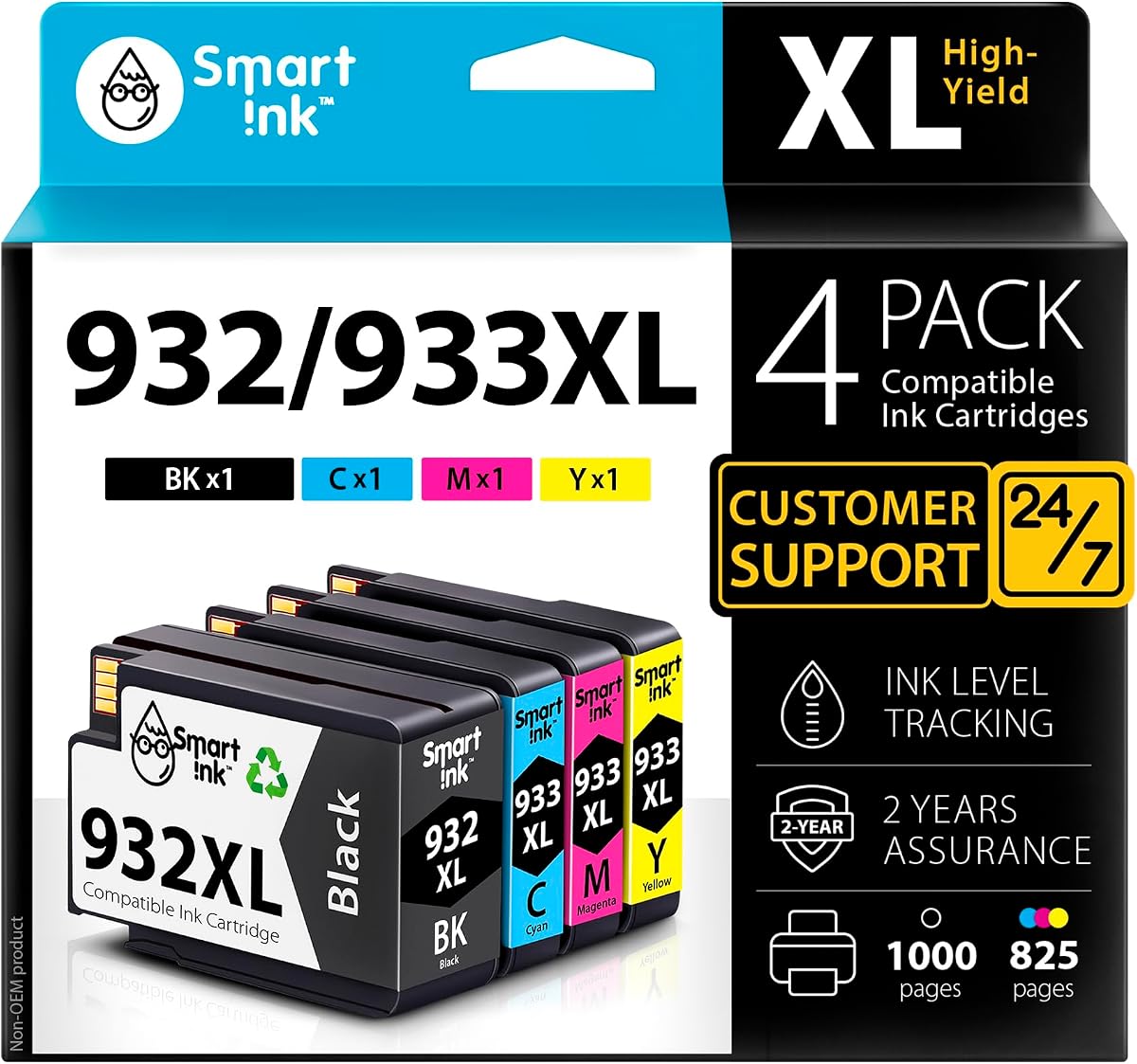 Cartucho de tinta compatible con Smart Ink de repuesto para HP 932XL 933XL 932XL 933 XL 4 Combo Pack (XL negro, cian, magenta amarillo) para usar con impresoras HP Officejet 6100 6600 6700 7110 7510 7610 7612 7620