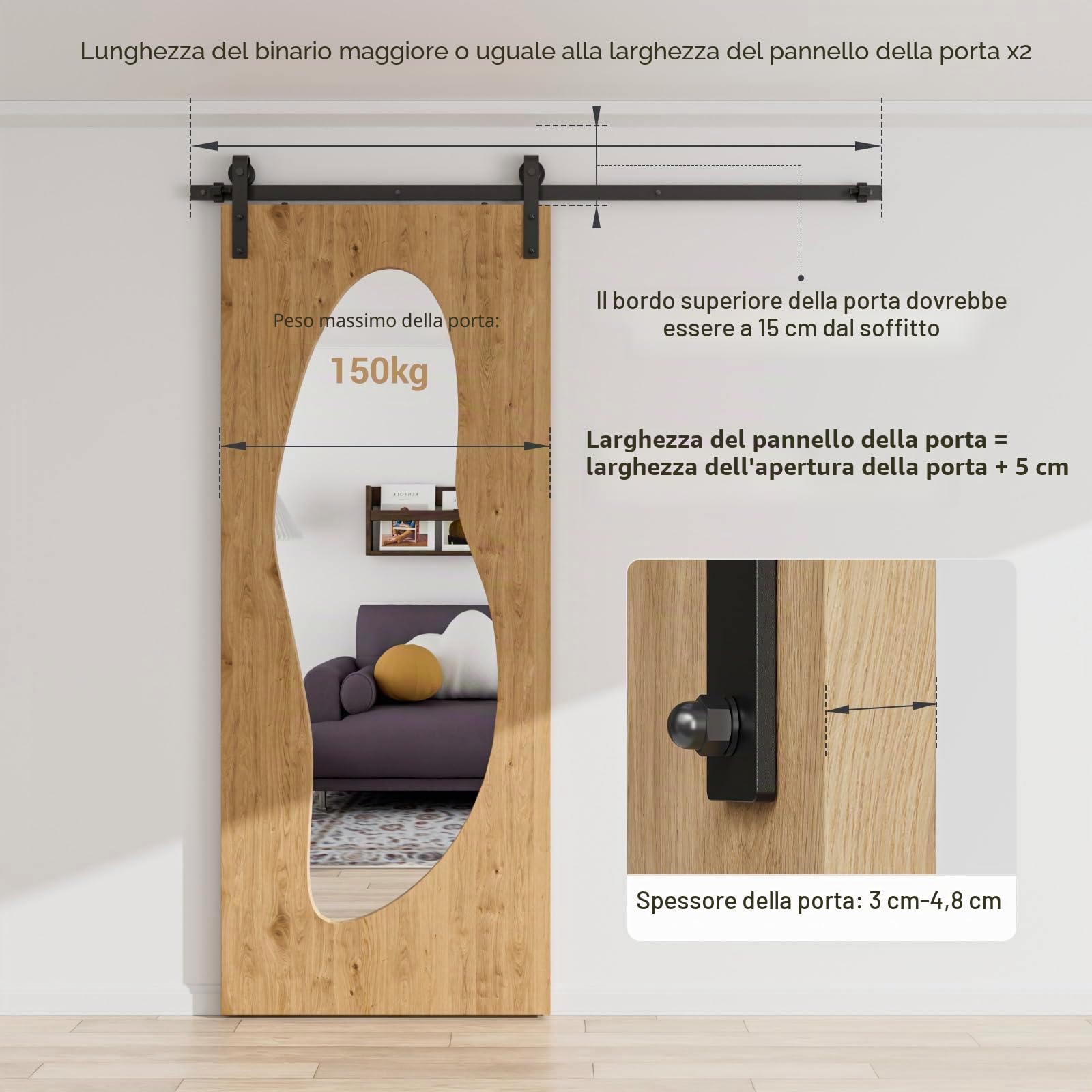 CCJH Binario per Porta Scorrevole Kit 200cm(6.6FT) Binario Scorrevole Esterno Muro Completo Accessori per Porte Scorrevoli Singole, Nero