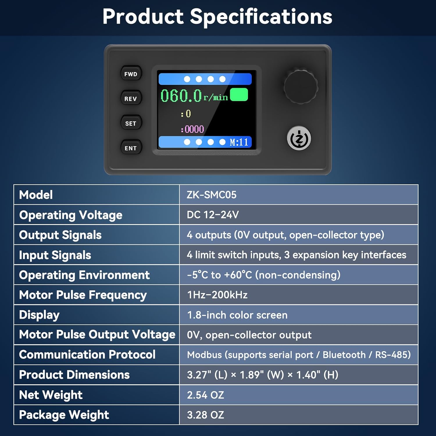 Product specifications table for the Ransanx Stepper Motor Controller, detailing model, voltage, outputs, inputs, environment, frequency, display, communication, dimensions, and weight.