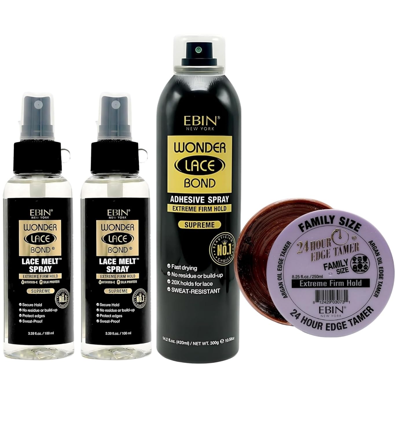 Lace Glue – 2X Wonder Lace Bond Melt Spray (Mini) 100 ml - Supreme & 1x Wig Adhesive Spray 420 ml Bundle with 24 Hour Edge Tamer - Extreme Firm Hold 8.25 oz by EBIN NEW YORK – Gift Set (4 Items)