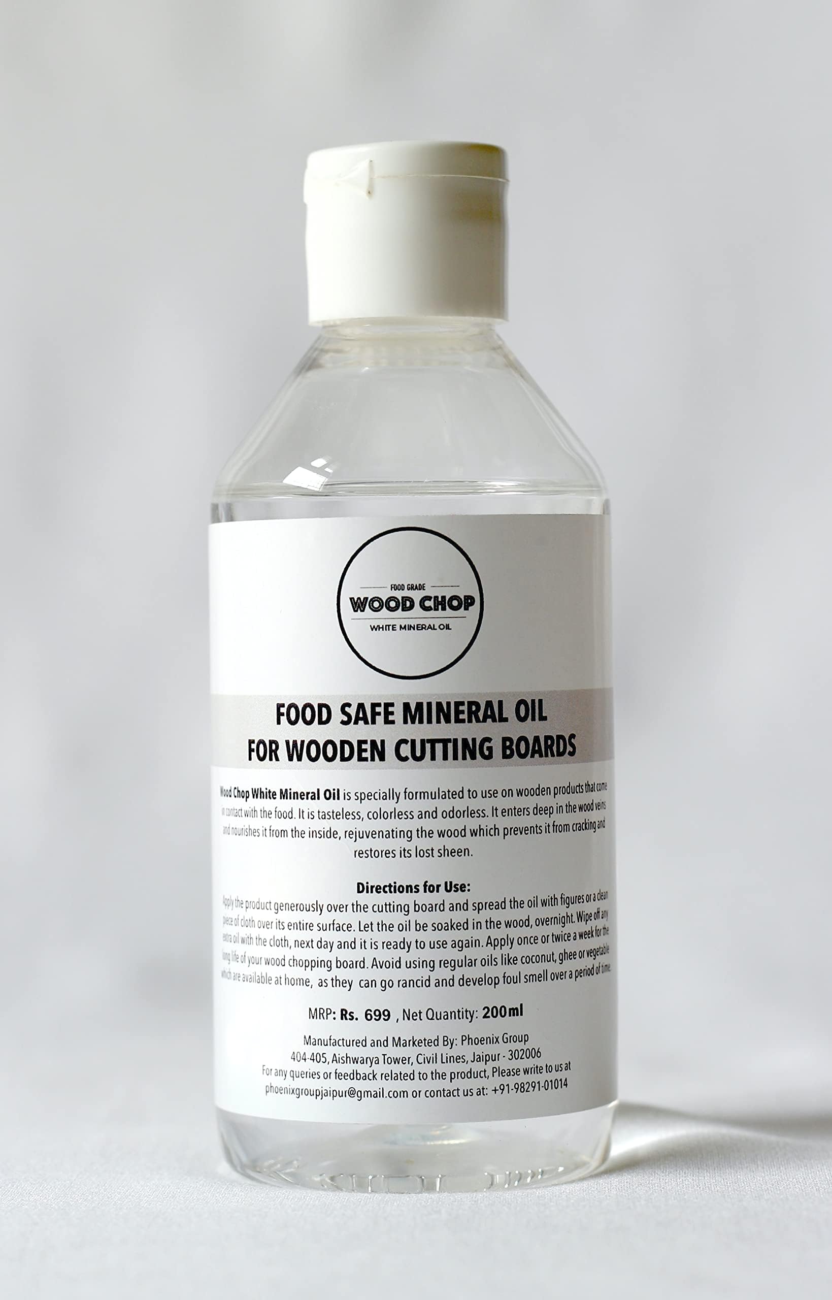 Food Grade White Mineral Oil for Wood Treatment Oil & Conditioner for Long Lasting Wooden Cutting Chopping Boards & Cutlery - 200 ml