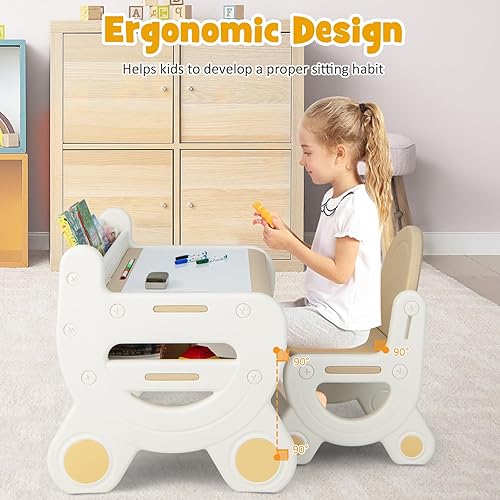 Miniatura 5 de Costzon Juego de mesa y silla para niños, escritorio de actividades de plástico con pizarra blanca, bolígrafos de acuarela, borrador de pizarra y