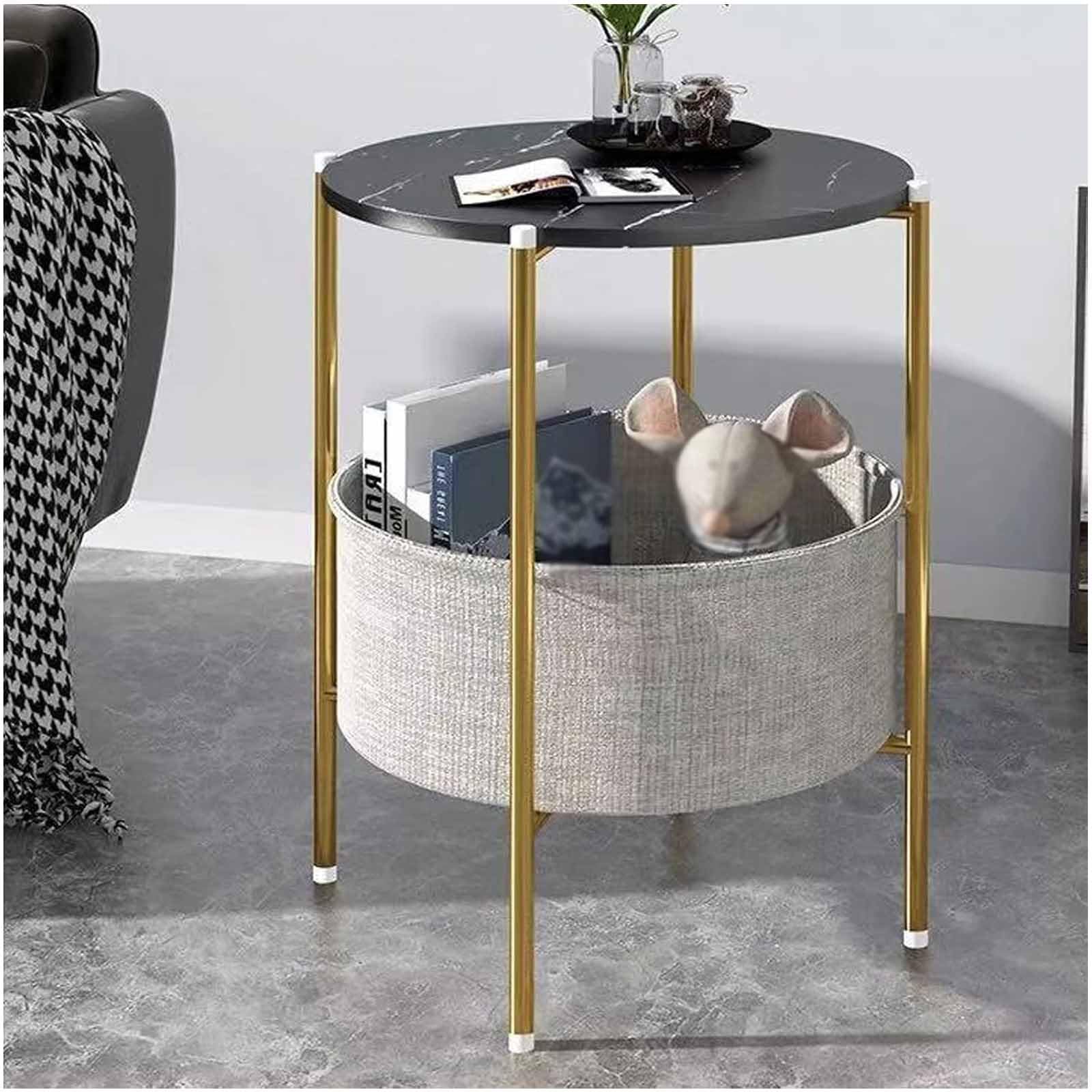 SXZenSpace Round Side, End Table with Fabric Storage Basket, Metal Small Bedside Nightstand Removable Tray Top, 2-Tier Couch Snack for Nursery, Living Room,Black 2