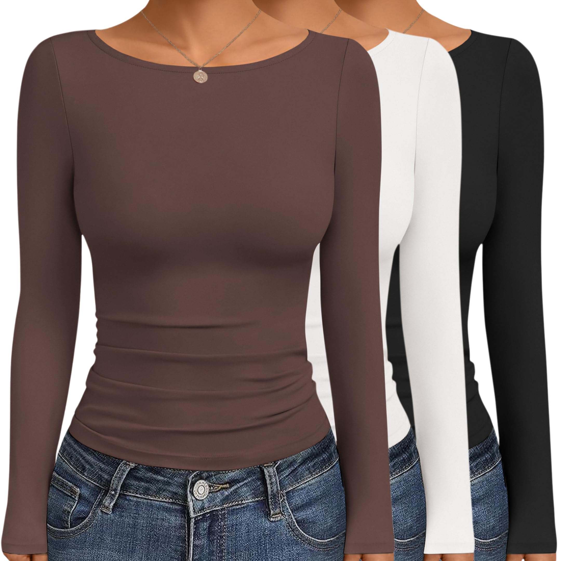 Women's Boat Neck Tops 3 Packs Long Sleeve Shirts Ruched Fall Fashion 2025 Outfits Basic Thermal Underscrubs-image-18