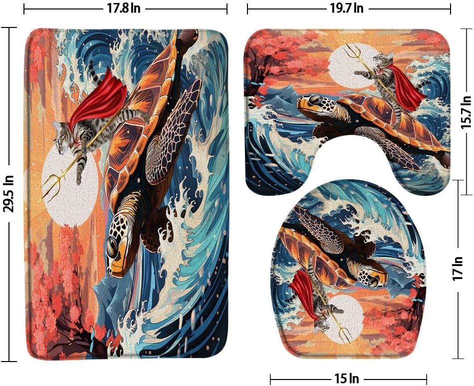 3pcs Funny Cat Bathroom Sets with Non-Slip Rug,Toilet Lid Cover and Bath Mat, Colorful Ocean Nautical Kitten Riding Turtle in Great Waves Vintage Japanese Animal Bathroom Carpet Bath Mat Toilet Rugs