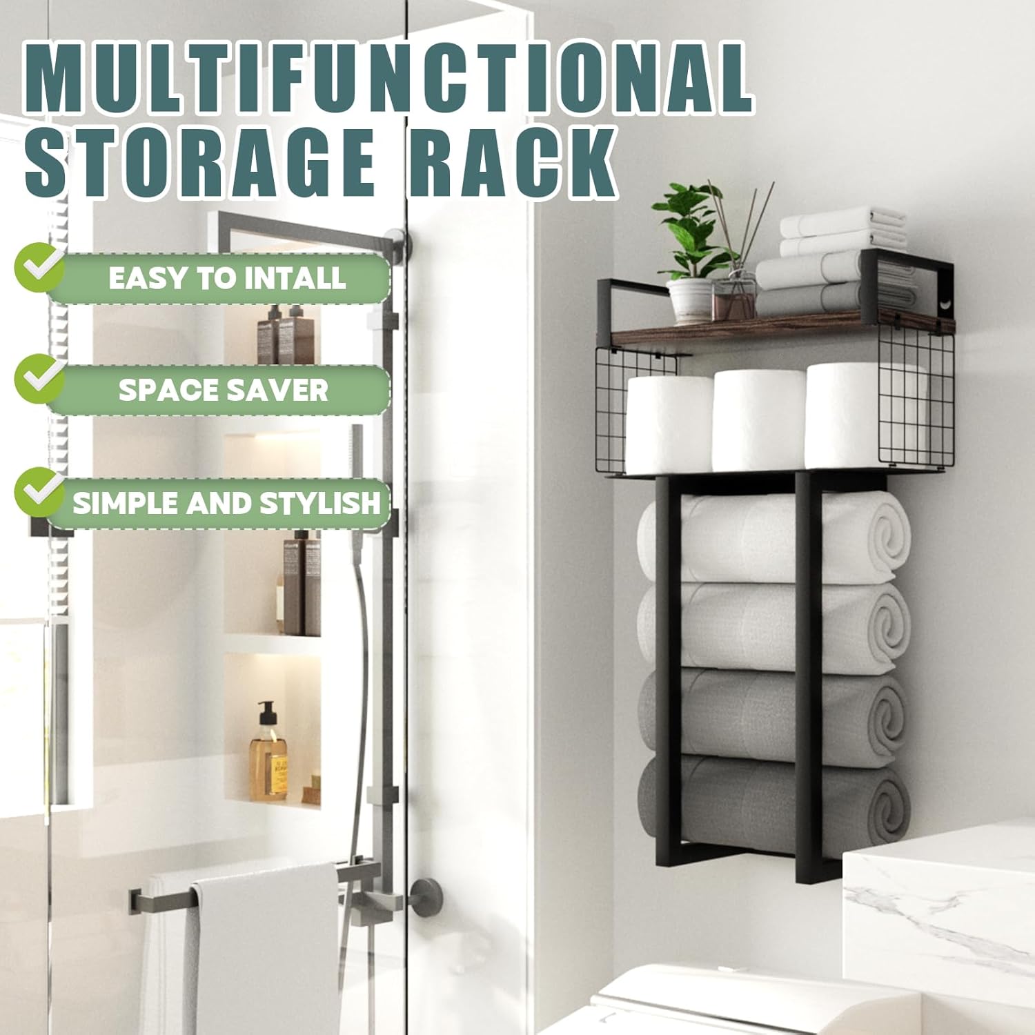 Towel Rack Wall Mounted for Bathroom. Multi-Functional Bath Floating Shelves with Towel Rack, Paper Holder and Storage Basket Over The Toilet for RV Camper or Small Space