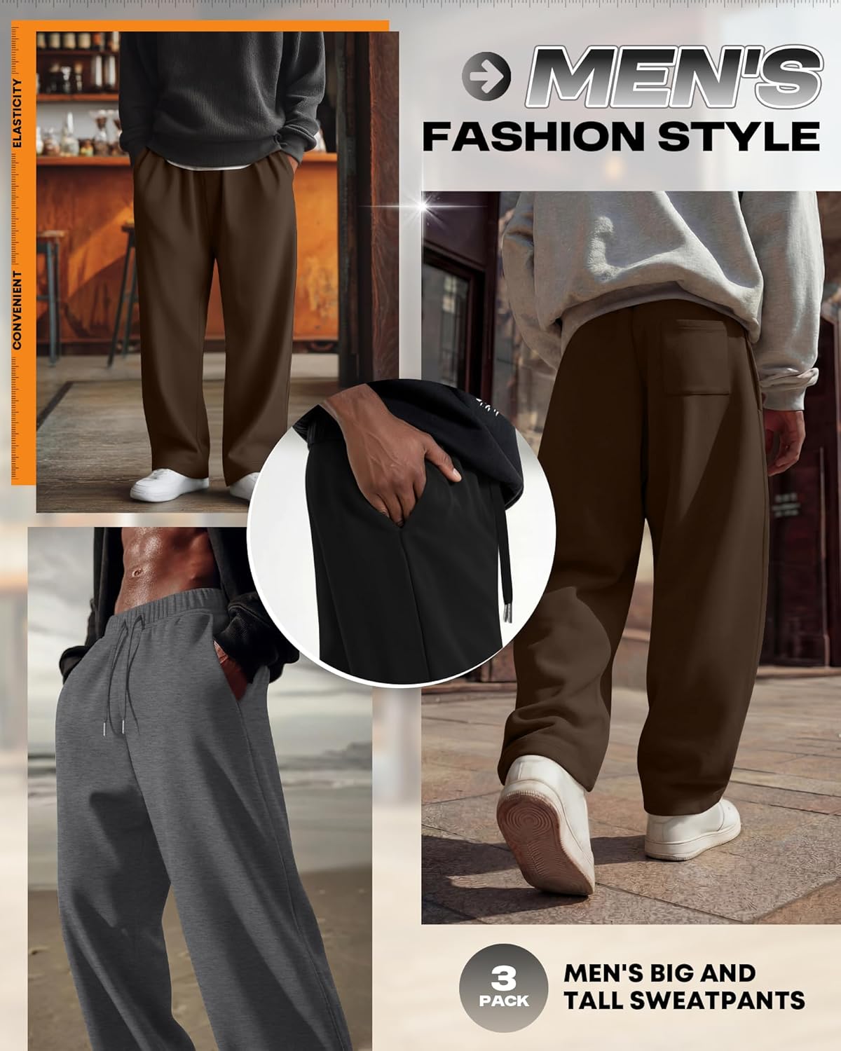 3 Pack Men's Big and Tall Sweatpants Wide Leg Open Bottom Baggy Joggers Casual Drawstring Pants with Pockets