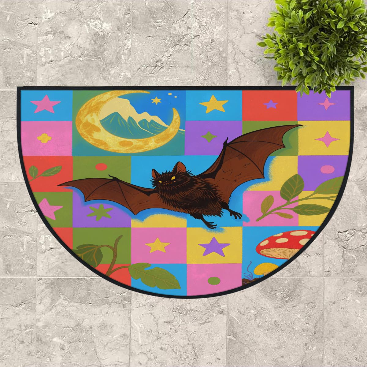 Große halbrunde Fußmatte – schwarzer Fledermaus-Mond-Teppich, rutschfest, saugfähig, halbrund, Eingangsbereich, niedlich, weich, halbrund, waschbar, Teppich für Küche, Badezimmer, Schlafzimmer