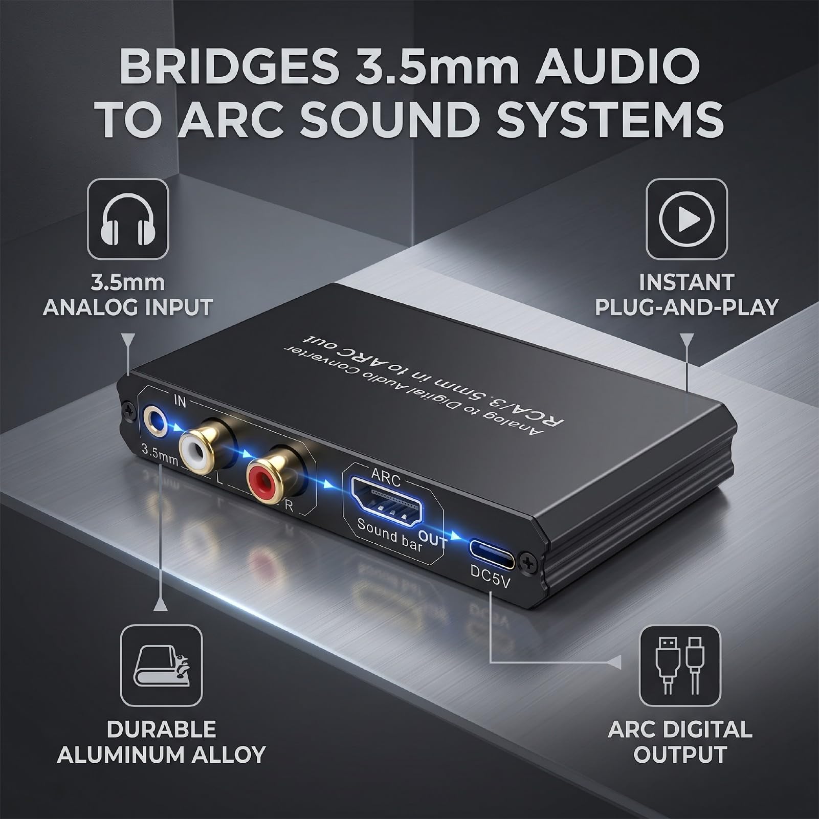 Convertisseur de Son Analogique vers Numérique, Convertisseur 3,5 Mm vers ARC avec Alimentation de Type C, Plug and Play, Adaptateur de Son Analogique vers Numérique Polyvalent